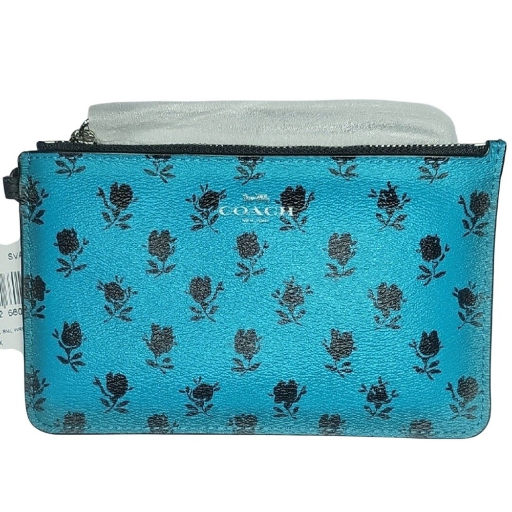 Wristlet Coach Turquoise & Black Floral Clutch Wristlet‎ Makeup Bag F56024 NWT